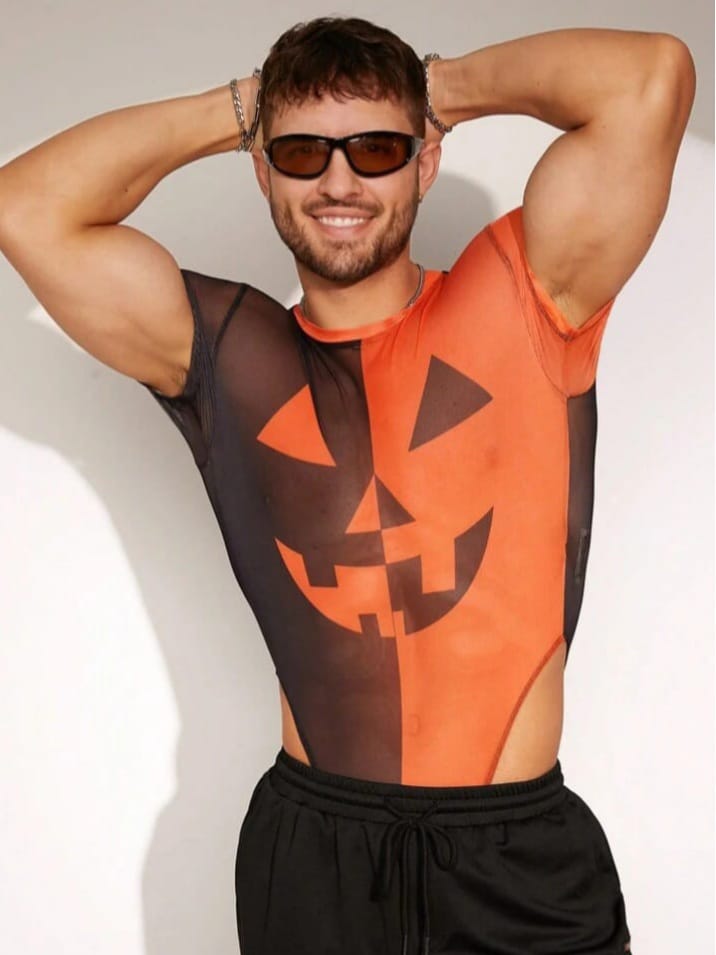 men's sexy contrast color splicing print mesh bodysuit